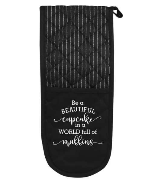 Black oven mitt with white text on a white background