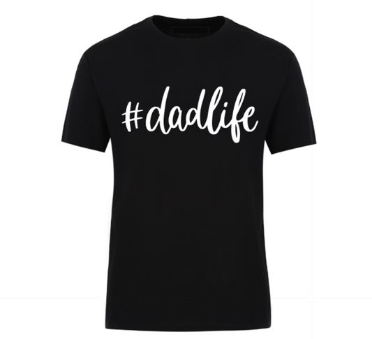 Black unisex t-shirt featuring bold text reading “#DadLife” – a perfect Father’s Day gift or everyday dad wear.