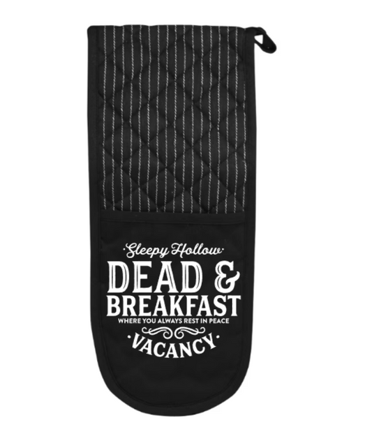 Black oven mitt with white text on a white background