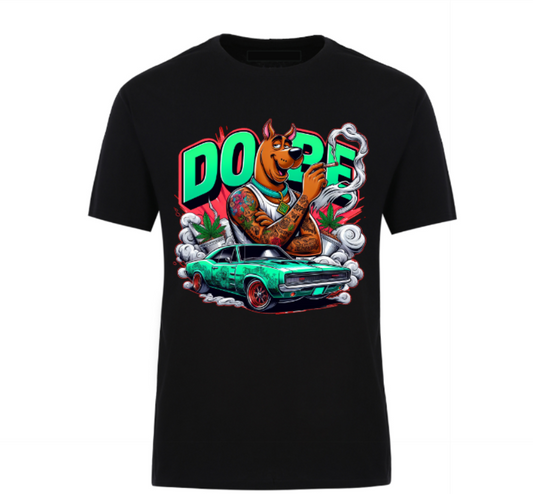 Black t-shirt featuring a tattooed, muscular cartoon dog, smoking with bold “DOPE” text in the background, a green muscle car, smoke clouds, and weed leaves in a vibrant, urban graffiti style.