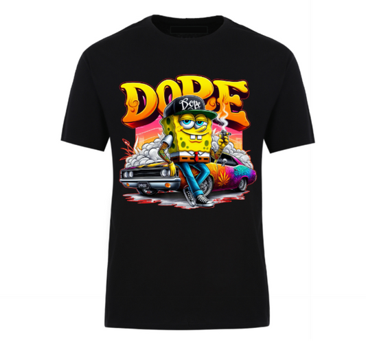Black t-shirt featuring a bold “DOPE” graffiti-style design with a cartoon street character leaning on a muscle car, surrounded by smoke and neon colors – perfect for urban fashion and hip-hop style lovers.