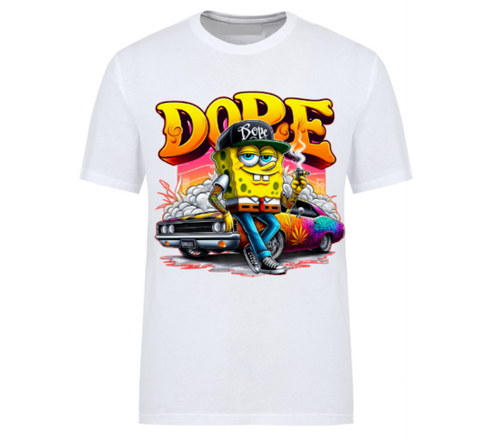 White t-shirt featuring a bold “DOPE” graffiti-style design with a cartoon street character leaning on a muscle car, surrounded by smoke and neon colours – perfect for urban fashion and hip-hop style lovers.