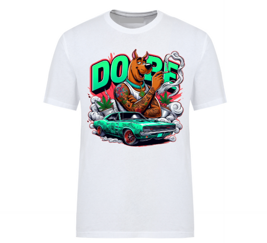 White t-shirt featuring a tattooed, muscular cartoon dog, smoking with bold “DOPE” text in the background, a green muscle car, smoke clouds, and weed leaves in a vibrant, urban graffiti style.
