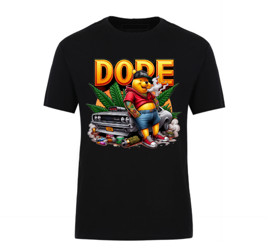 Black t-shirt featuring a bold 'DOPE' graphic with a tattooed bear in streetwear, leaning against a muscle car surrounded by smoke, weed leaves, and urban details.