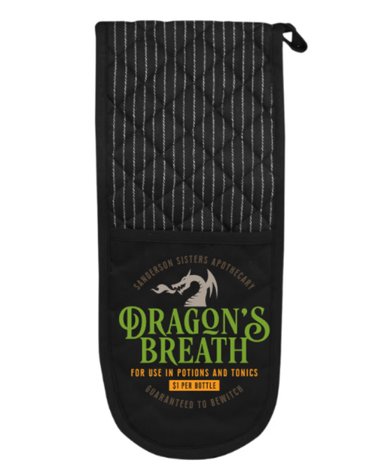 Black oven mitt with 'Dragon's Breath' text and branding on a white background