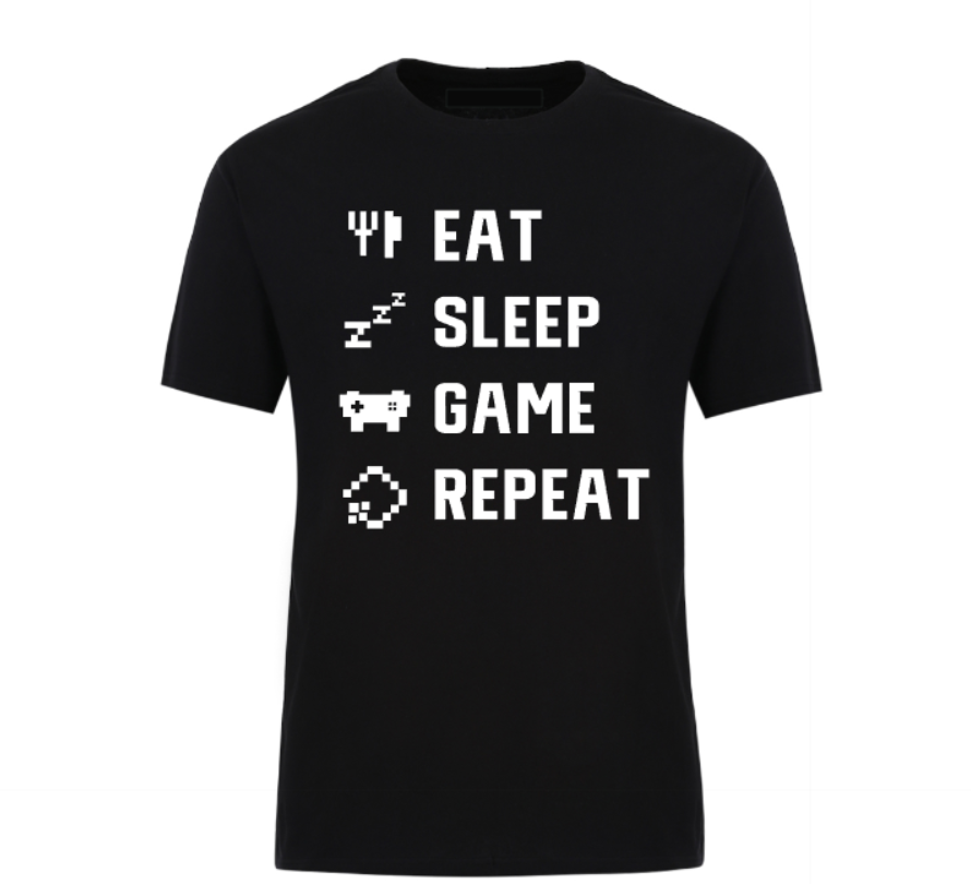 Black t-shirt with white pixel-style text reading "Eat Sleep Game Repeat" alongside gaming and sleep icons, perfect for gamers.