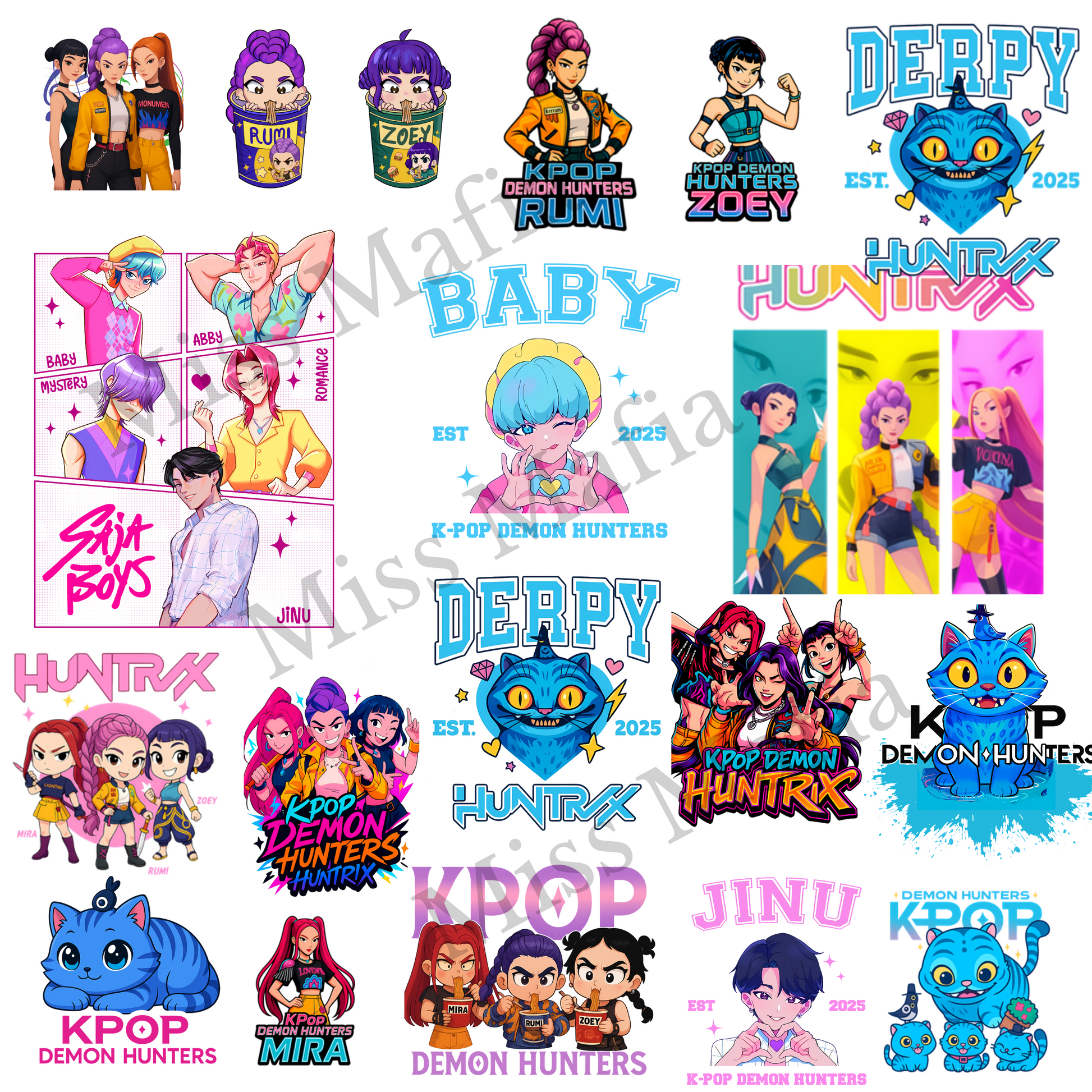 Collage of animated characters and branding elements with 'KPOP Demon Hunters' theme.