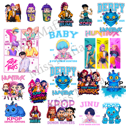 Collage of animated characters and branding elements with 'KPOP Demon Hunters' theme.