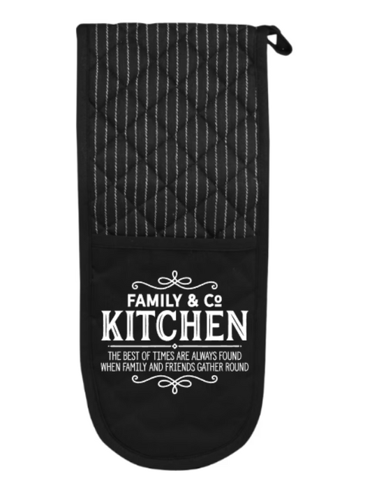 Black oven mitt with quilted pattern and 'Family & Co Kitchen' text on a white background