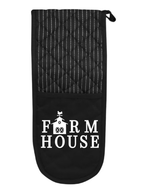Black oven mitt with quilted pattern and 'Farmhouse' text on a white background