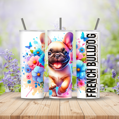 Three tumblers with a French Bulldog design on a wooden surface with a blurred floral background. Miss Mafia