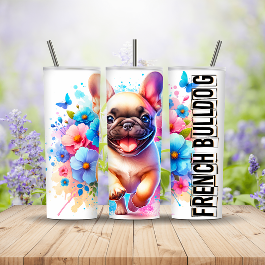 Three tumblers with a French Bulldog design on a wooden surface with a blurred floral background. Miss Mafia