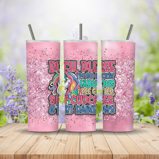 three pink tumblers with glitter and printed words on a wooden background