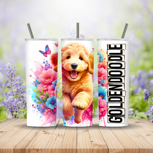 Three tumblers with a goldendoodle design on a wooden surface with a floral background Miss Mafia
