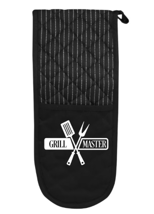 Black oven mitt with grill master logo on a white background