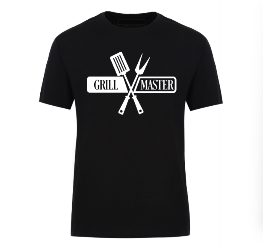Black t-shirt with bold “Grill Master” text, ideal for BBQ lovers and backyard chefs