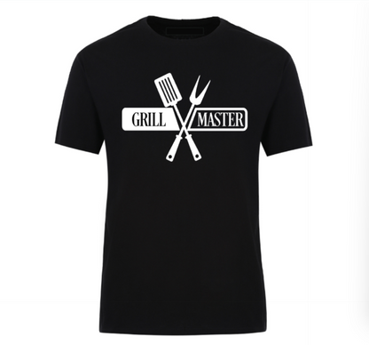 Black t-shirt with bold “Grill Master” text, ideal for BBQ lovers and backyard chefs