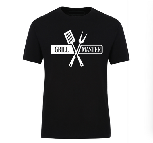 Black t-shirt with bold “Grill Master” text, ideal for BBQ lovers and backyard chefs