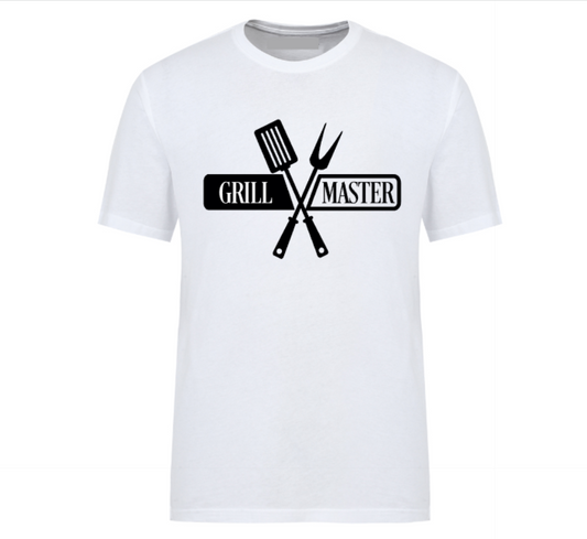 White t-shirt with bold “Grill Master” text, ideal for BBQ lovers and backyard chefs