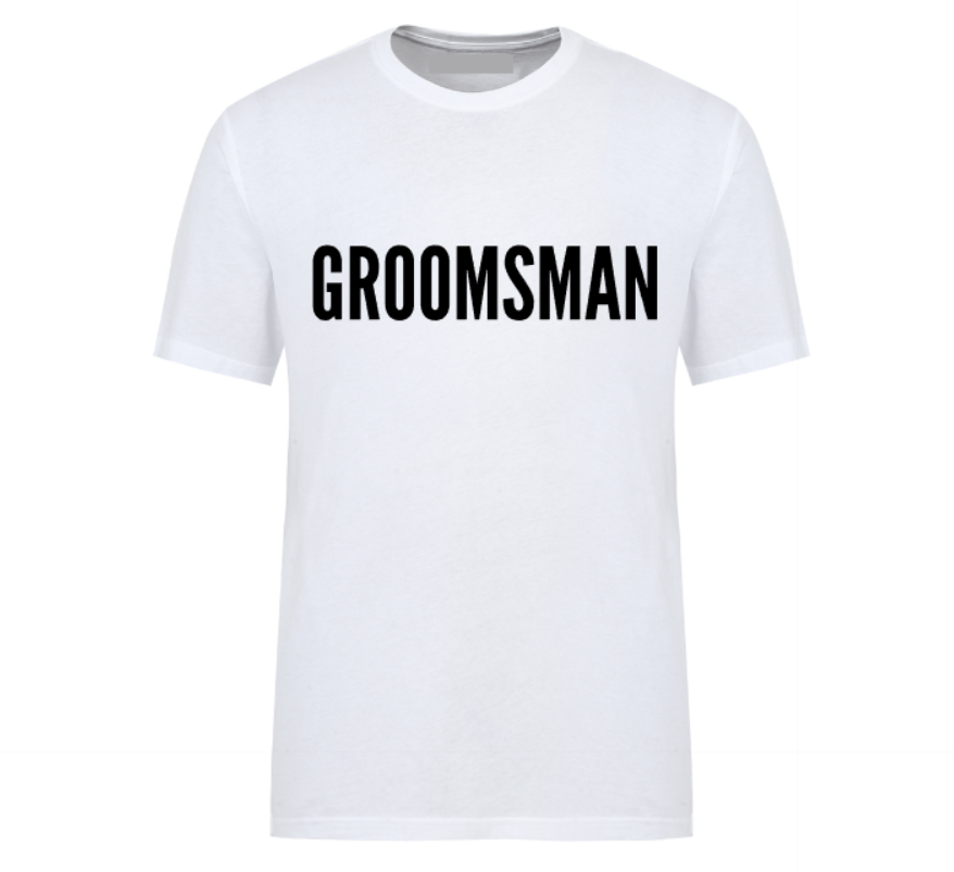 White unisex t-shirt with the word “Groomsman” printed in bold font – ideal for wedding parties and bachelor celebrations.