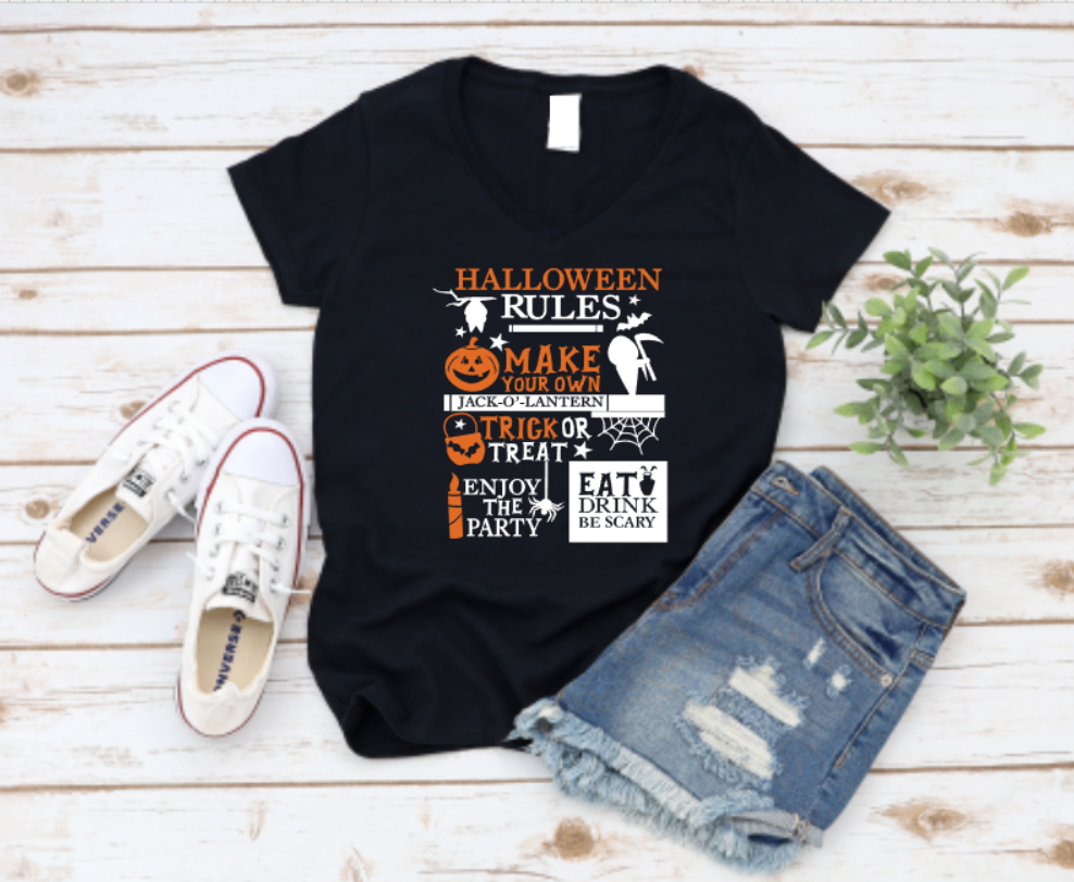 Black unisex t-shirt with Halloween rules in bold text and spooky graphics like ghosts, bats, and candy – a fun seasonal tee for October celebrations