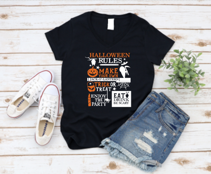 Black unisex t-shirt with Halloween rules in bold text and spooky graphics like ghosts, bats, and candy – a fun seasonal tee for October celebrations