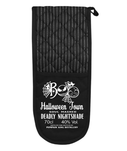 Black oven mitt with Halloween-themed design and text on a white background