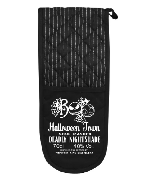Black oven mitt with Halloween-themed design and text on a white background