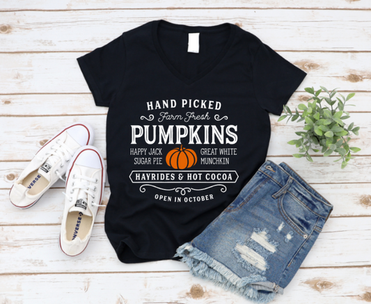 Black t-shirt with pumpkin-themed text on a wooden surface with shoes and shorts.