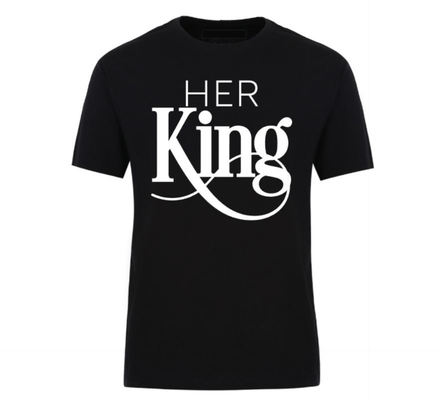 Black unisex t-shirt featuring the phrase “Her King” in bold font with a crown graphic, part of a couples matching set.