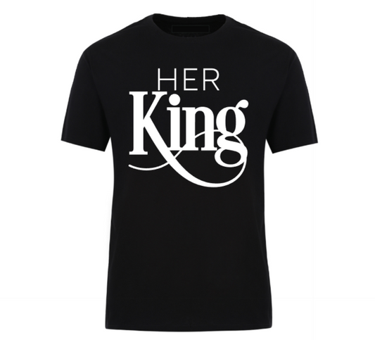 Black unisex t-shirt featuring the phrase “Her King” in bold font with a crown graphic, part of a couples matching set.
