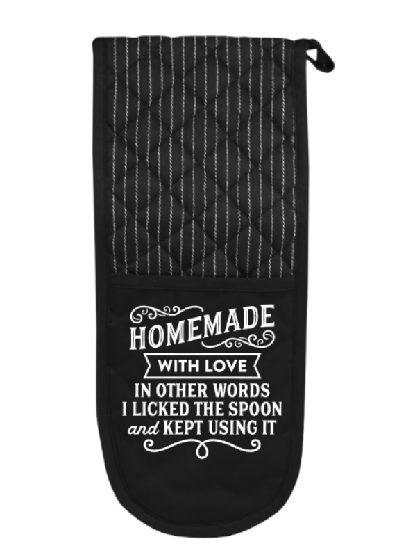 Black oven mitt with white text on a white background
