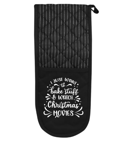 Black oven mitt with white text on a white background