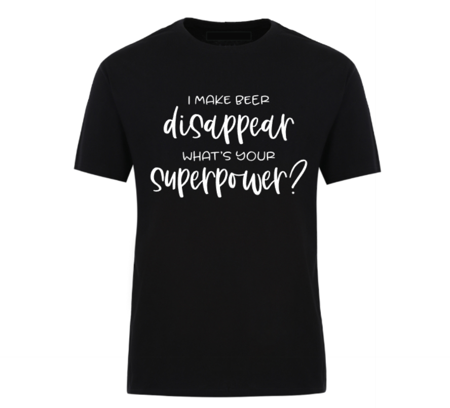 Black t-shirt with white text on a white background