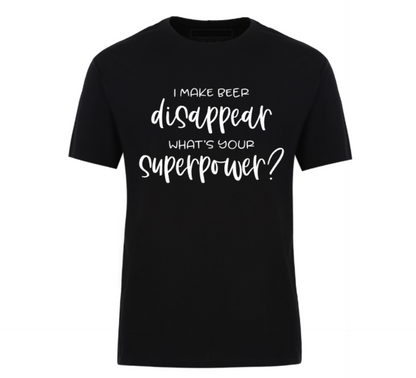 Black t-shirt with white text on a white background