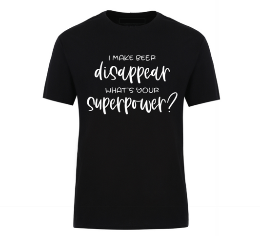 Black t-shirt with white text on a white background