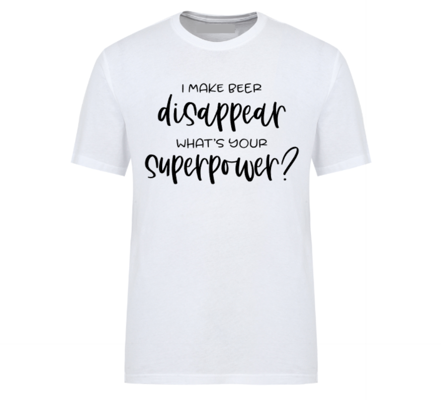 White t-shirt with humorous text design on a white background
