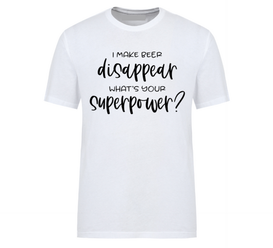 White t-shirt with humorous text design on a white background