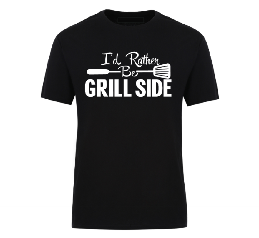 Unisex graphic t-shirt with the text “I’d Rather Be Grill-Side,” designed for BBQ lovers and backyard cooking kings.