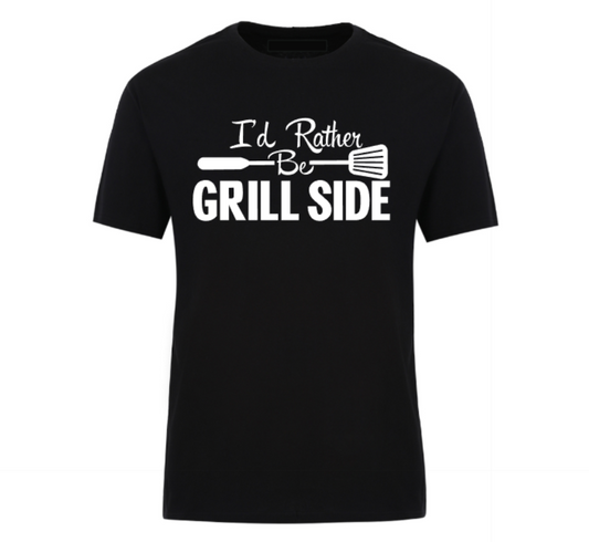 Unisex graphic t-shirt with the text “I’d Rather Be Grill-Side,” designed for BBQ lovers and backyard cooking kings.