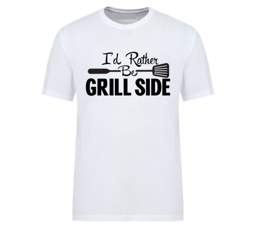 Unisex graphic t-shirt with the text “I’d Rather Be Grill-Side,” designed for BBQ lovers and backyard cooking kings.