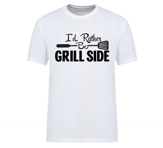 Unisex graphic t-shirt with the text “I’d Rather Be Grill-Side,” designed for BBQ lovers and backyard cooking kings.