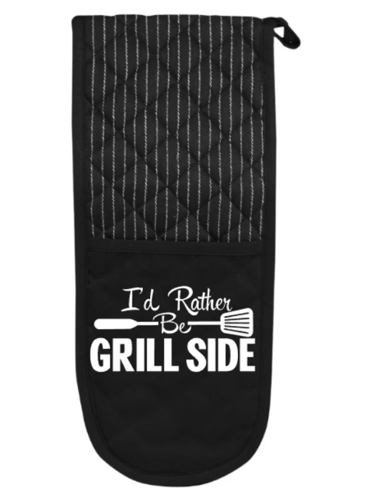 Black oven mitt with text 'I'd Rather Be Grill Side' on a white background