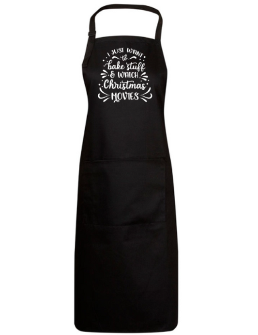 Black apron with white text on a white background