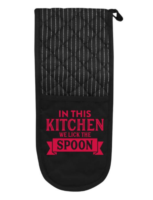 Black oven mitt with red text on a white background