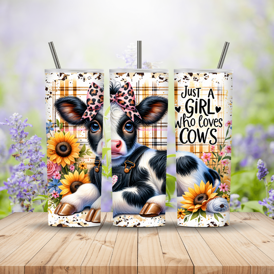 Three tumbler designs featuring a cow with a bow, sunflowers, and text 'Just a Girl Who Loves Cows' on a wooden surface with a floral background. Miss Mafia