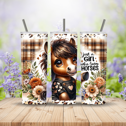 Three Tumblers with a horse design and floral elements on a wooden surface with a blurred floral background. Miss Mafia