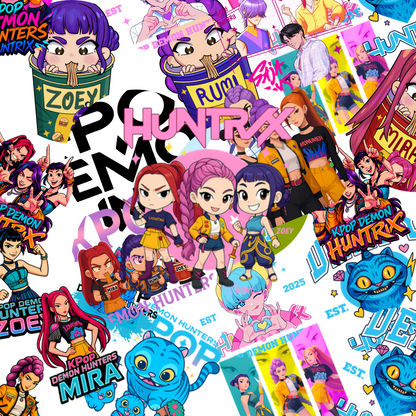 Collage of colorful character stickers from the 'Pop Demon Hunters' series with various characters and text.