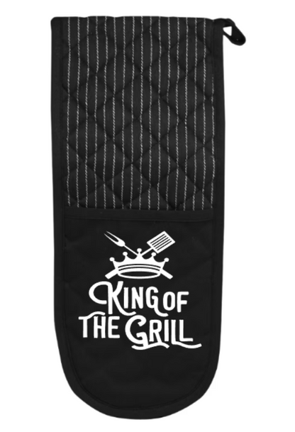 Black oven mitt with 'King of the Grill' text and design on a white background