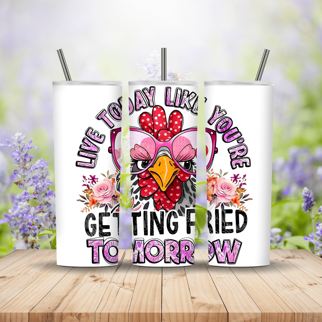 Three white tumblers with a picture of a chicken and wordings on a wooden background